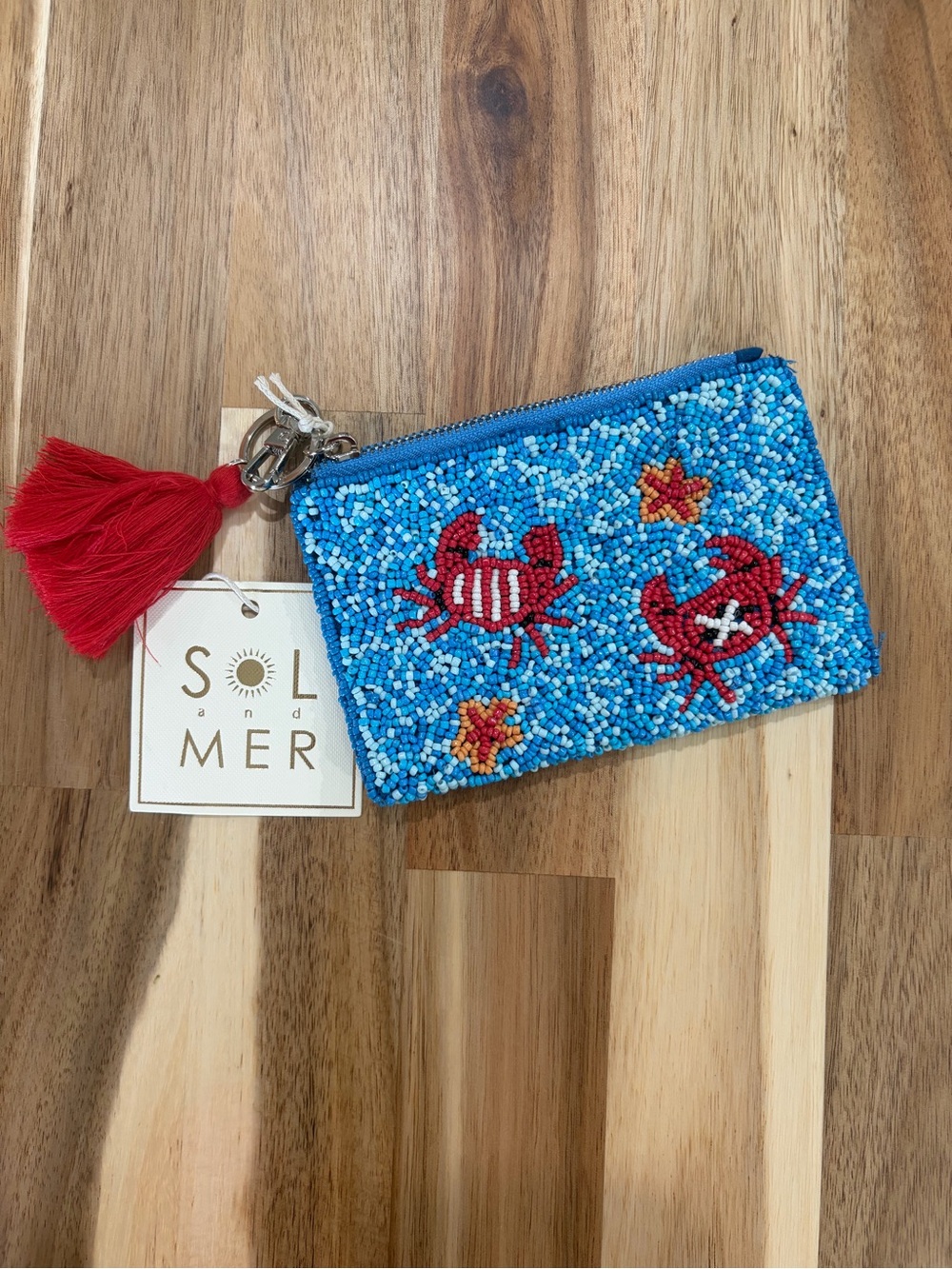 Sol and Mer Blue Beaded Crab Pouch with Red Tassel